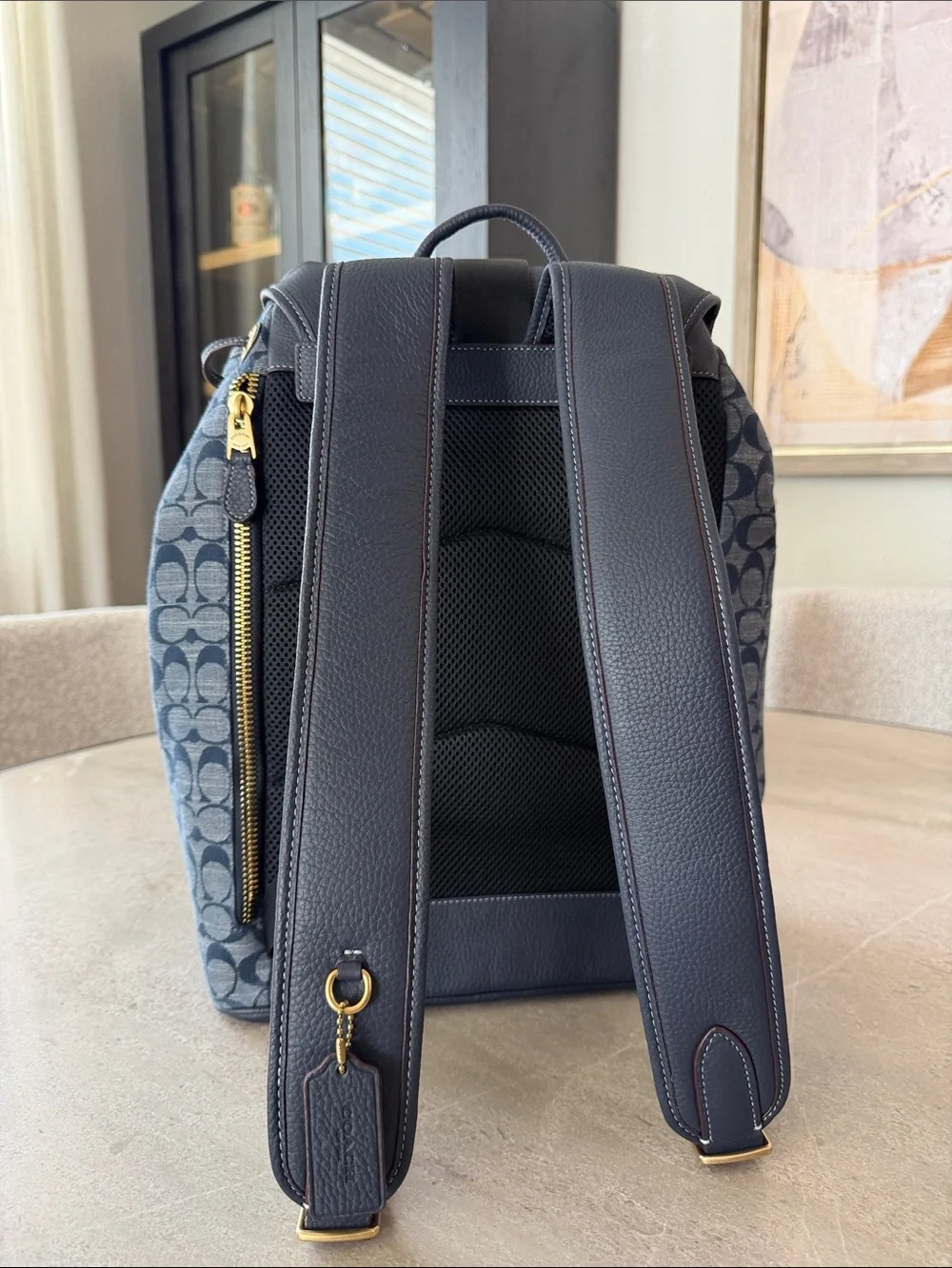 Coach Navy Signature Denim Canvas Backpack with Leather Trim